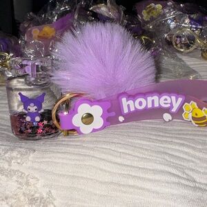 Kuromi set of 6 Purple Keychain with Pom Pom and Honey Theme